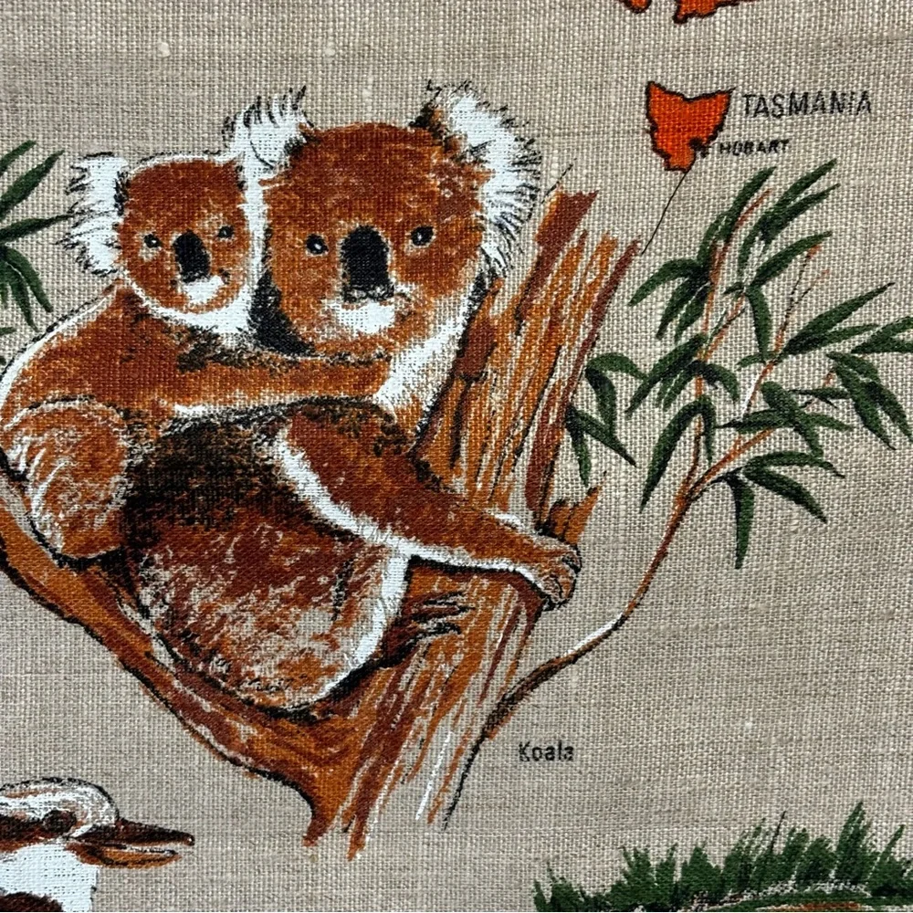 VTG Heil Pure Linen Souvenir Australian tea towel 1980’s Emo Koala Kangaroo NWOT